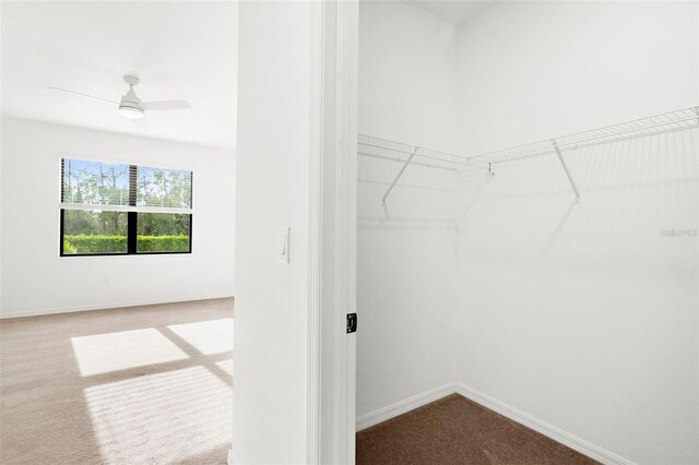 spacious closet with light carpet and ceiling fan