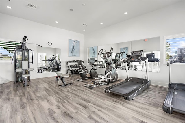 exercise room with light hardwood / wood-style floors