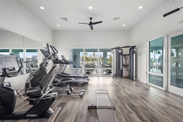 exercise room with hardwood / wood-style floors and ceiling fan