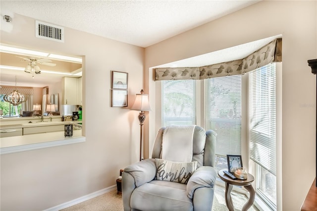 sitting room featuring a textured ceiling, light colored carpet, ceiling fan, and sink