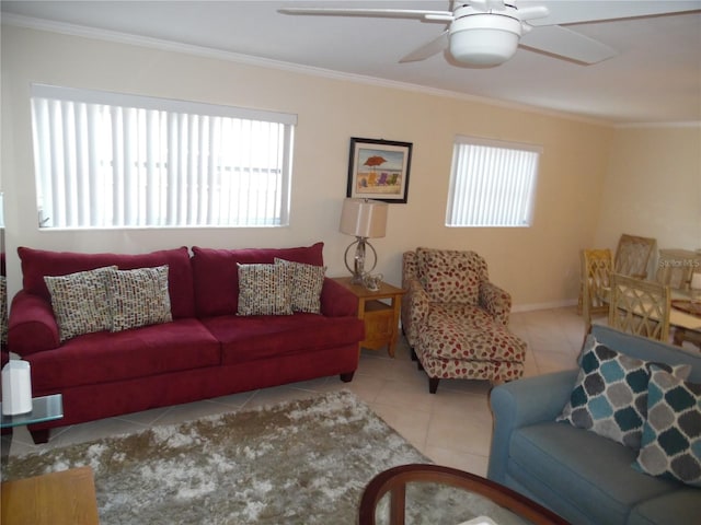 tiled living room featuring ceiling fan and ornamental molding