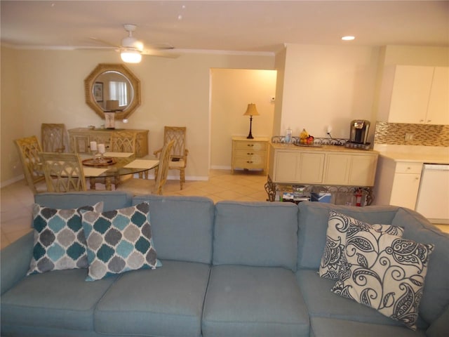 tiled living room with ceiling fan