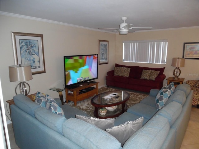 living room featuring ceiling fan, ornamental molding, and light tile patterned floors