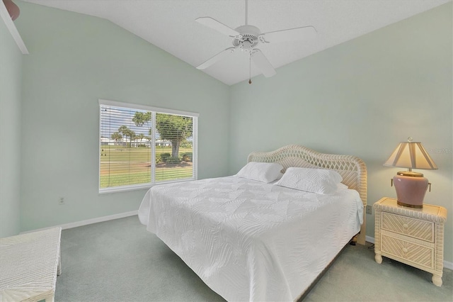 carpeted bedroom featuring ceiling fan and lofted ceiling