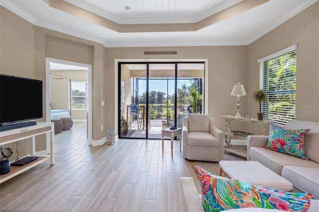 living room featuring a wealth of natural light, ornamental molding, and a raised ceiling