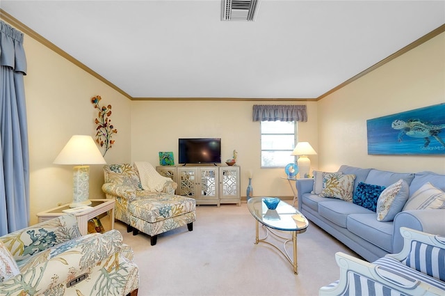 living room featuring ornamental molding and carpet floors