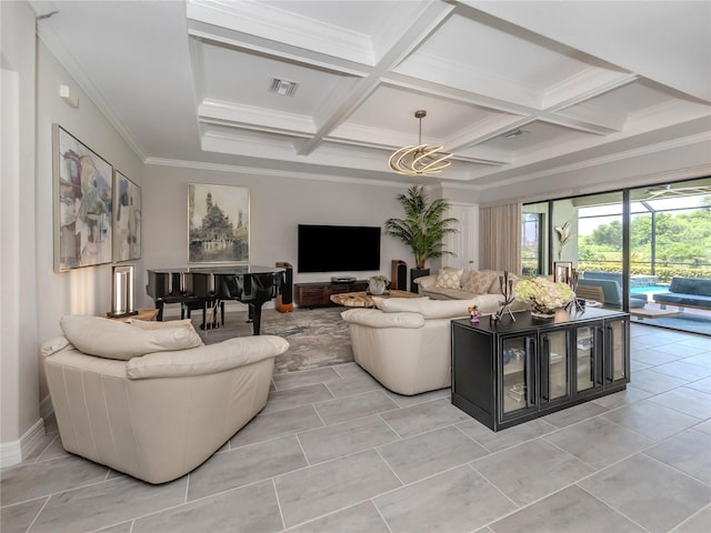 tiled living room featuring ornamental molding, beam ceiling, and coffered ceiling