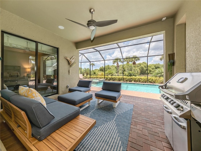 view of patio featuring outdoor lounge area, a grill, and glass enclosure