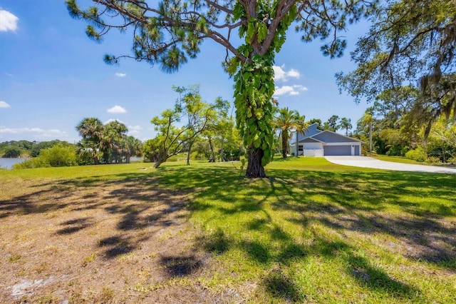 view of yard featuring concrete driveway and an attached garage