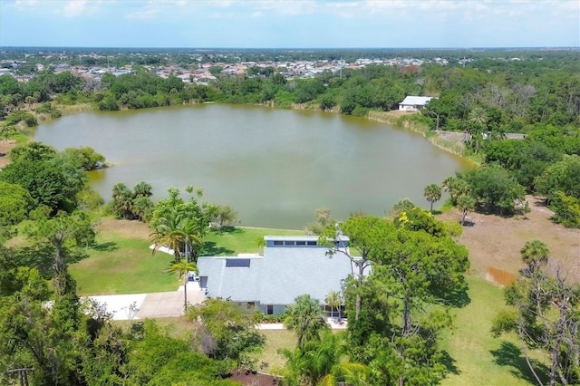 drone / aerial view with a water view