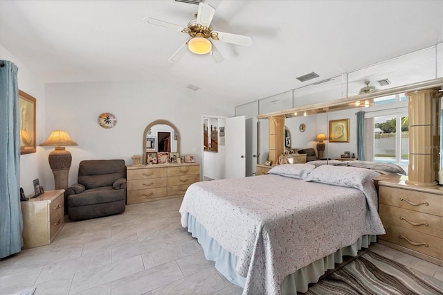 bedroom featuring access to exterior, visible vents, ceiling fan, and vaulted ceiling