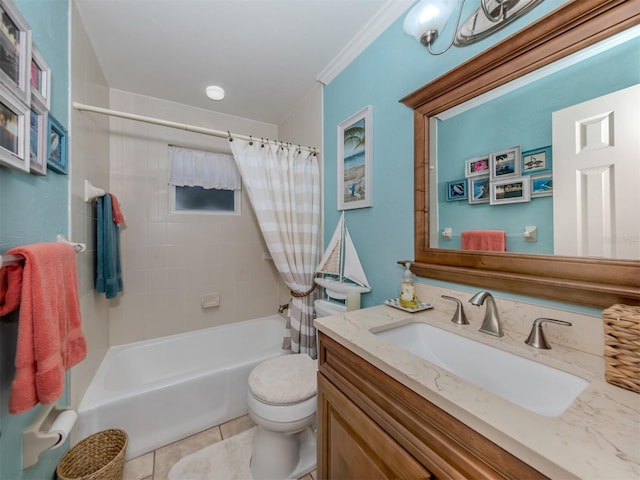 full bathroom with tile patterned flooring, shower / bath combo, toilet, and vanity