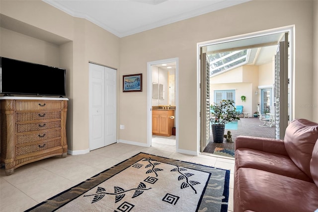 tiled living room featuring crown molding and lofted ceiling