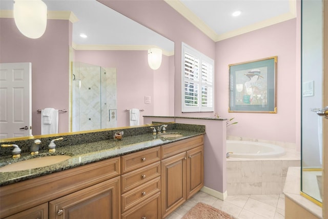 bathroom with tile patterned floors, vanity, separate shower and tub, and crown molding