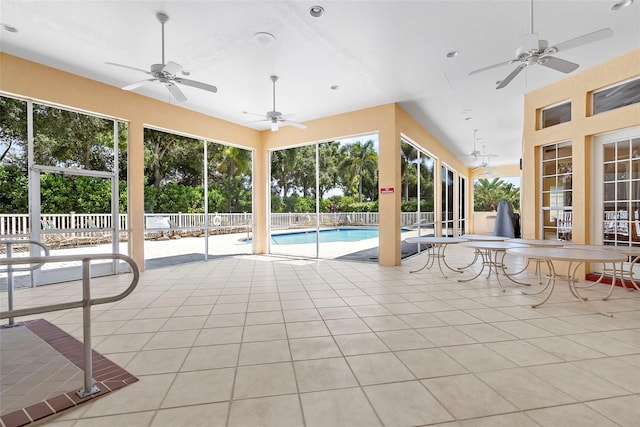 view of pool featuring ceiling fan