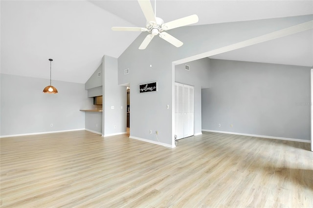 unfurnished living room with light hardwood / wood-style floors, high vaulted ceiling, and ceiling fan