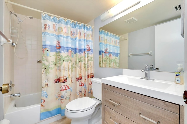 full bathroom featuring shower / bathtub combination with curtain, vanity, and toilet