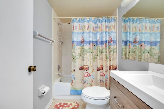 full bathroom with tile patterned floors, vanity, shower / bathtub combination with curtain, and toilet