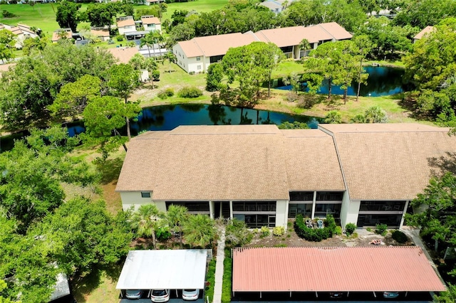 bird's eye view with a water view