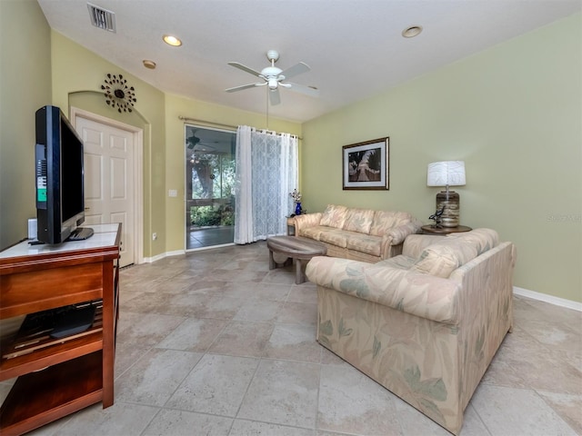 living room with ceiling fan