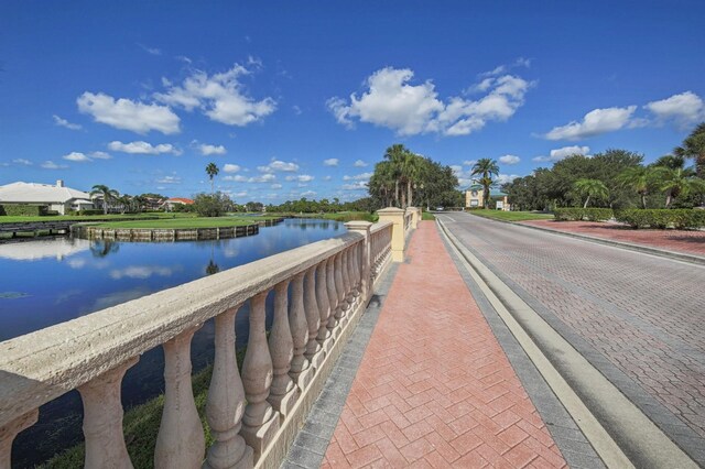 exterior space with a water view