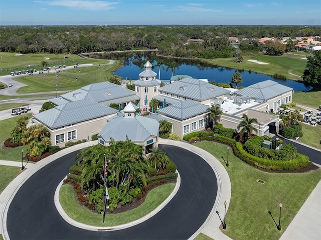 drone / aerial view with a water view