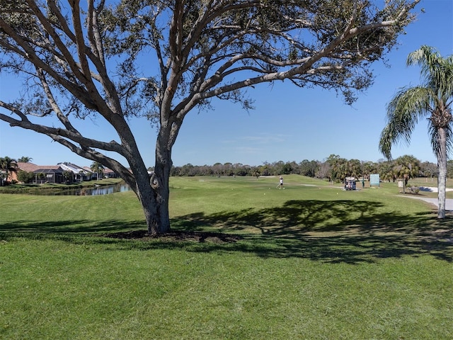 view of home's community featuring a lawn and a water view