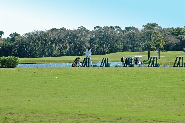 view of home's community with a water view and a lawn