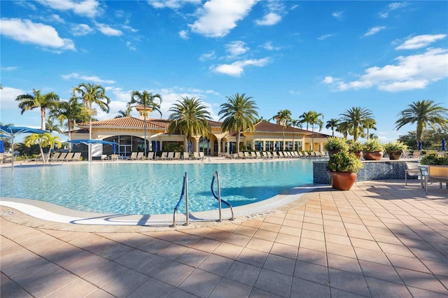 view of swimming pool with a patio area