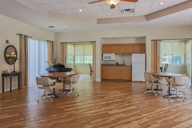 kitchen featuring a healthy amount of sunlight, white appliances, wood-type flooring, a drop ceiling, and ceiling fan