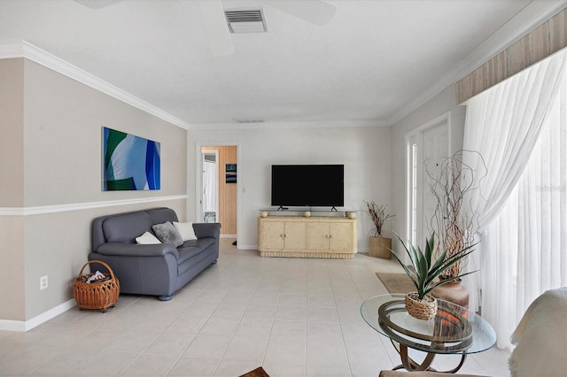 tiled living room featuring crown molding