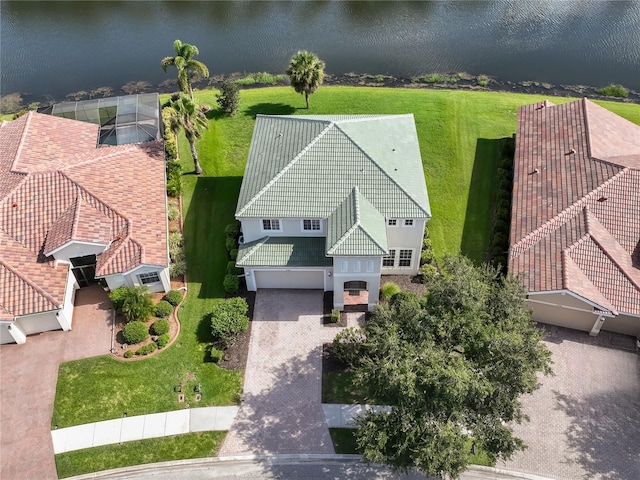 drone / aerial view with a water view