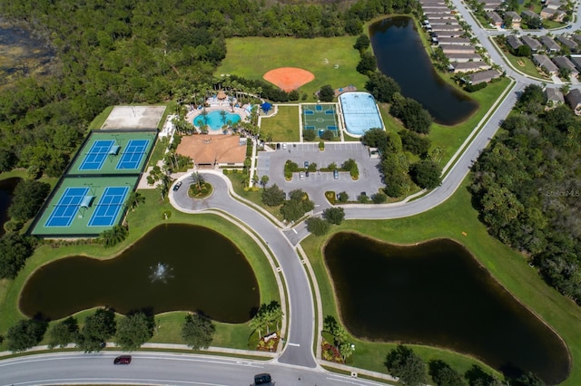 drone / aerial view featuring a water view