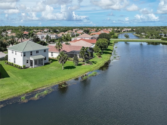 bird's eye view with a water view