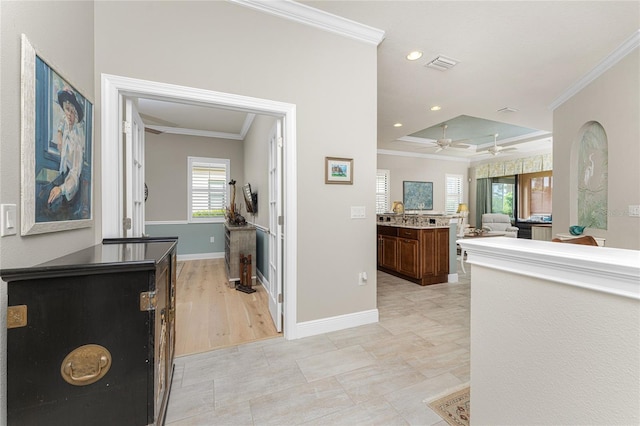 hall with a tray ceiling, plenty of natural light, and ornamental molding