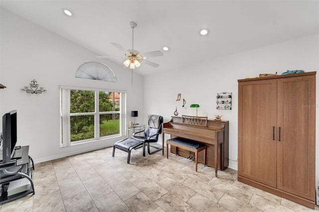 miscellaneous room with ceiling fan and lofted ceiling