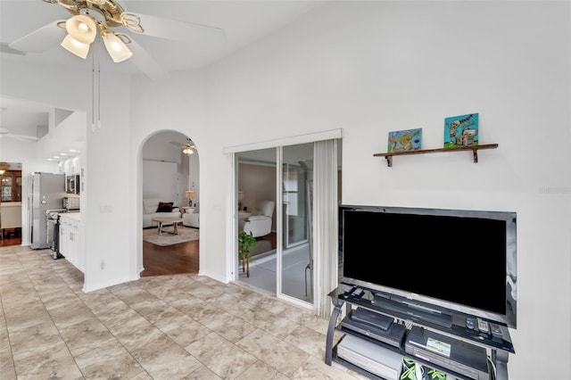 living room featuring ceiling fan