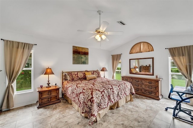 bedroom with vaulted ceiling and ceiling fan