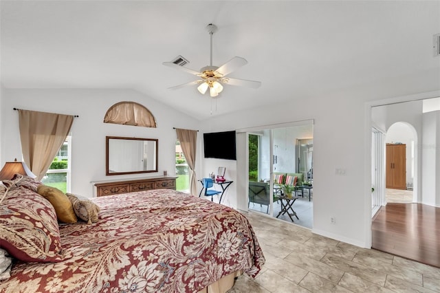 bedroom featuring access to exterior, light tile patterned floors, ceiling fan, and lofted ceiling