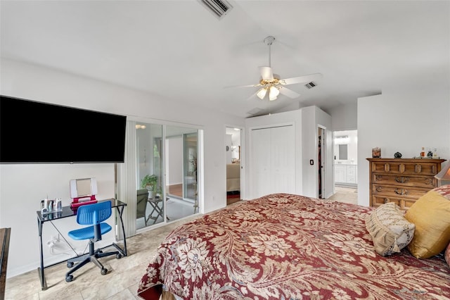 bedroom featuring access to outside, a closet, ensuite bath, and ceiling fan