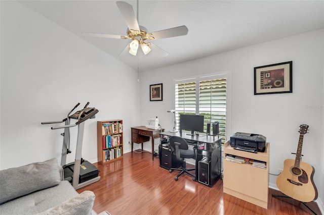 office area featuring ceiling fan and hardwood / wood-style floors