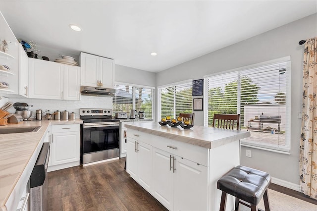 8509 La Boca Ave, North Port, FL 34287 - kitchen featuring appliances with stainless steel finishes, under cabinet range hood, dark wood finished floors, white cabinetry, and open shelves
