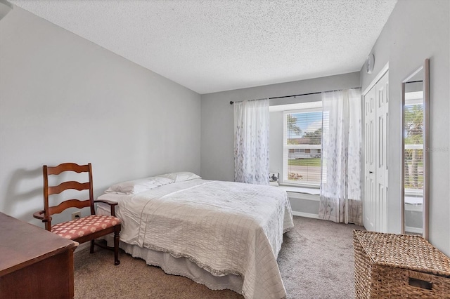 bedroom with carpet, a closet, and a textured ceiling