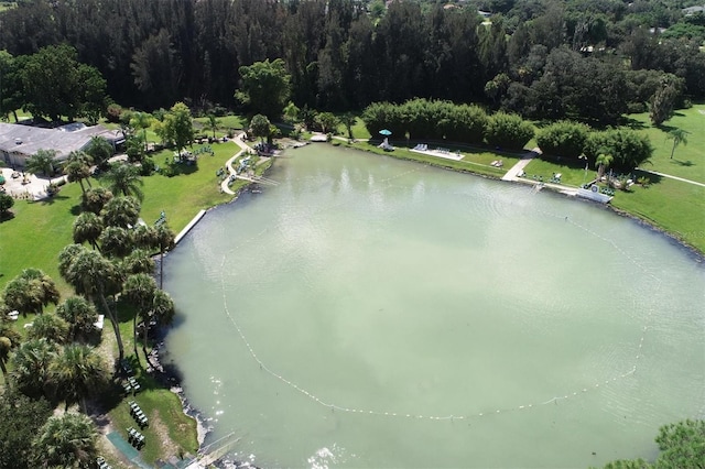 drone / aerial view with a water view