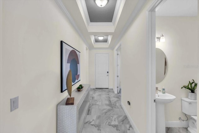 corridor featuring a raised ceiling, sink, and ornamental molding