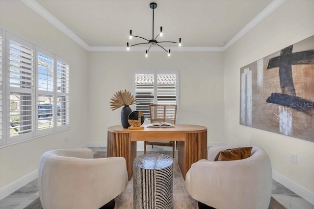 office with a chandelier, crown molding, and a healthy amount of sunlight