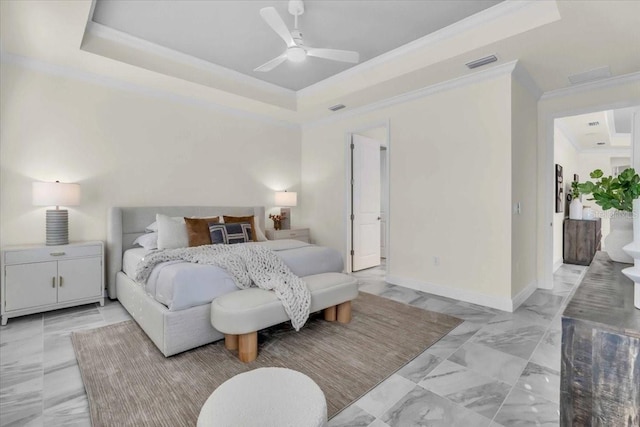 bedroom featuring a raised ceiling, ceiling fan, and crown molding