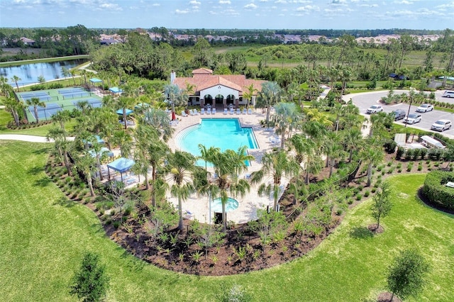 aerial view featuring a water view