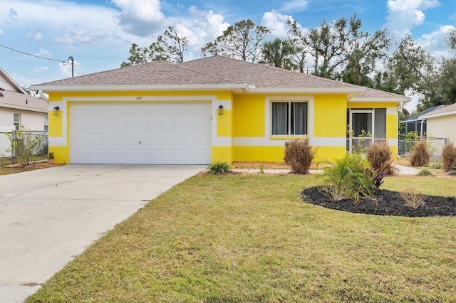 single story home featuring a garage and a front yard