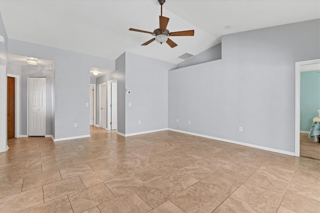 unfurnished room with vaulted ceiling and ceiling fan